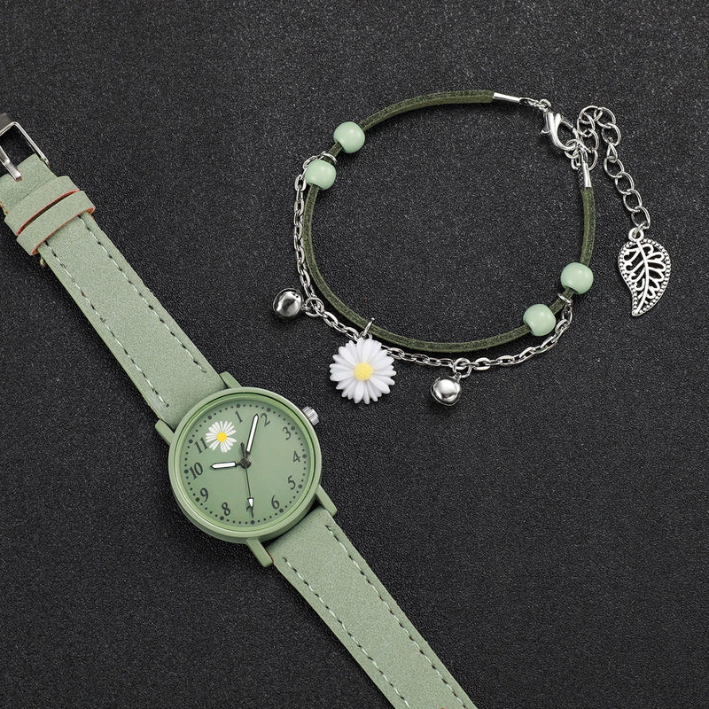 Conjunto feminino Daisy - Relógio de couro + pulseira Flor