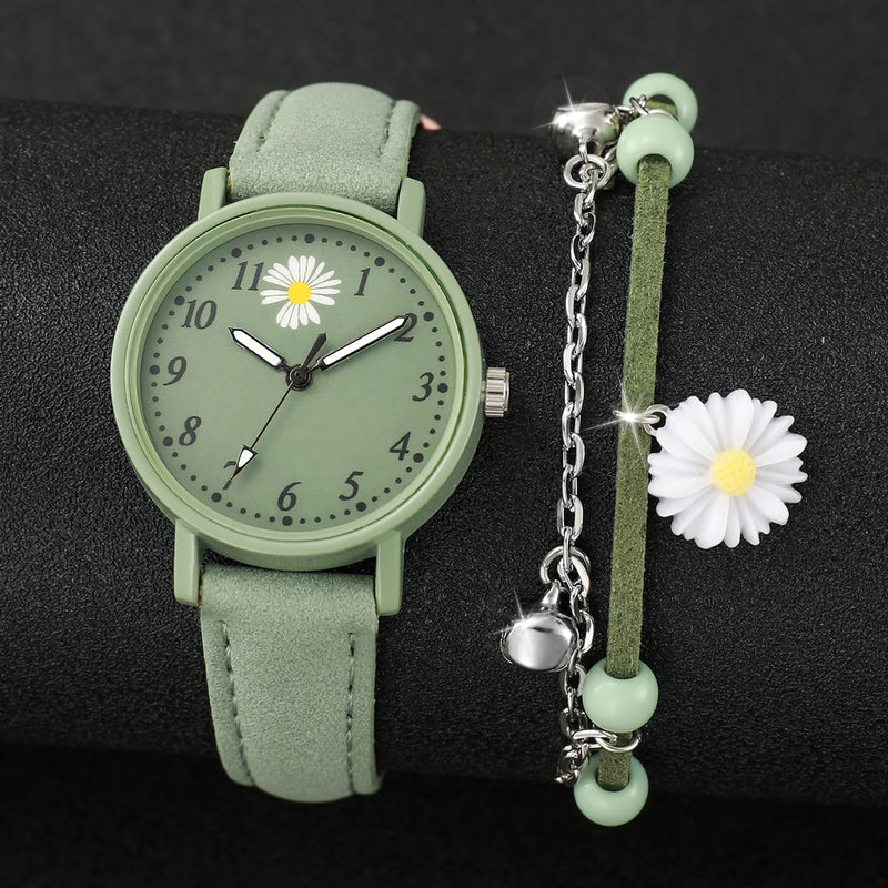 Conjunto feminino Daisy - Relógio de couro + pulseira Flor